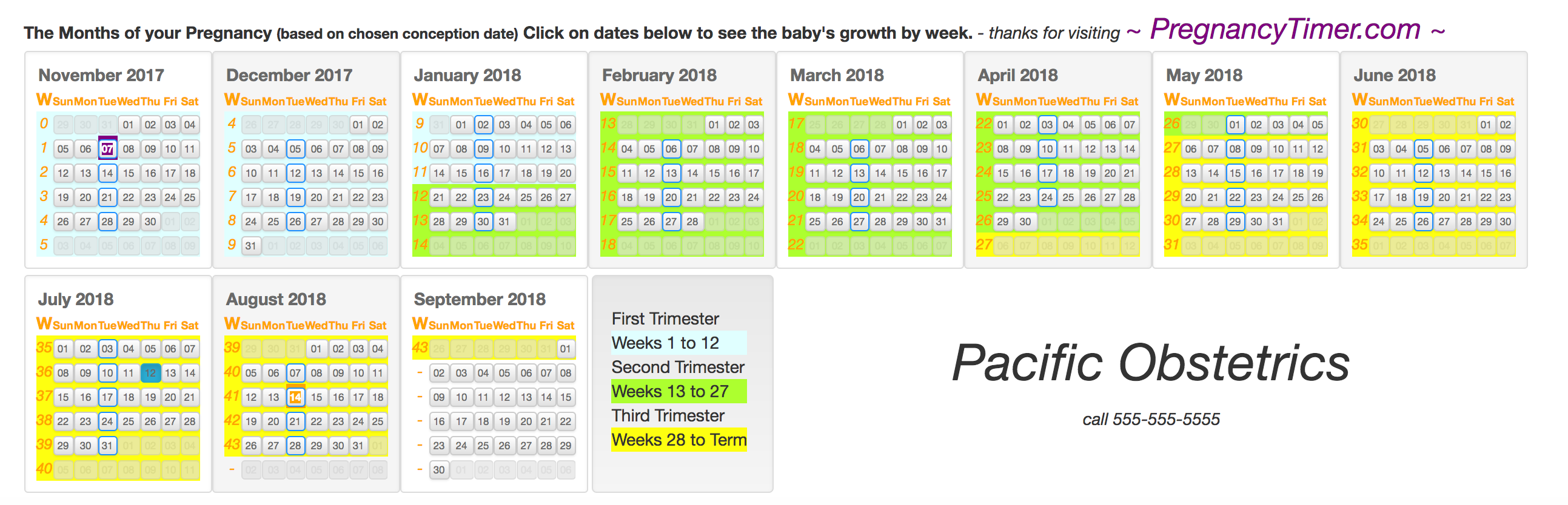 months of pregnancy labeled on calendar